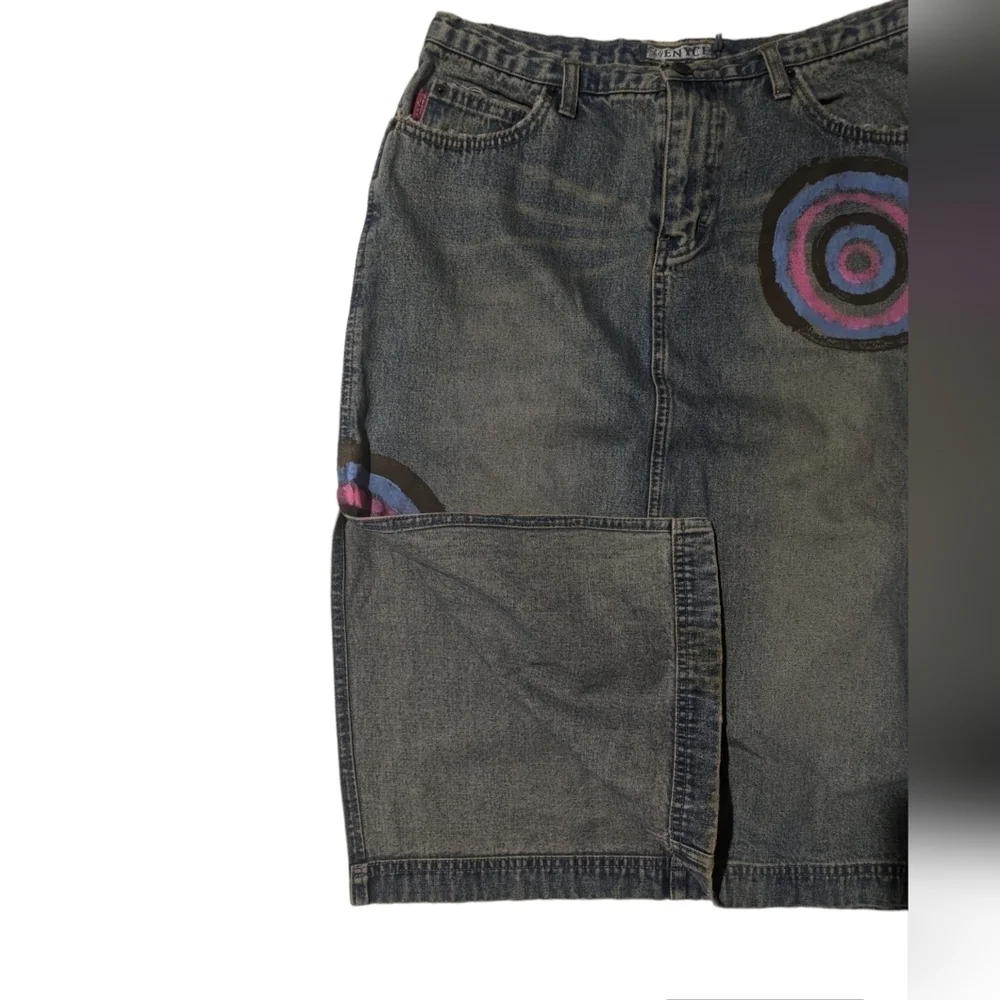 Vintage 90s Lady Enyce Denim Midi Skirt Y2K Painted Graphic Streetwear Size 8
